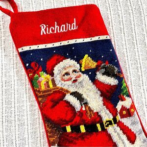 Vintage Christmas Stocking Needlepoint Rooftop Santa - Richard